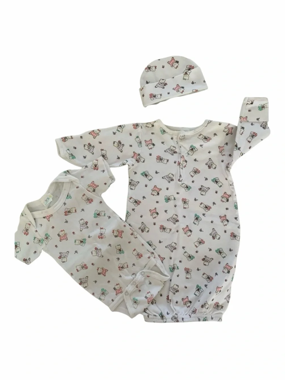 VTG Miniwear Sleeping Gown Sack 1 Piece Hat  Bears 3 PC Set Pajama White Newborn